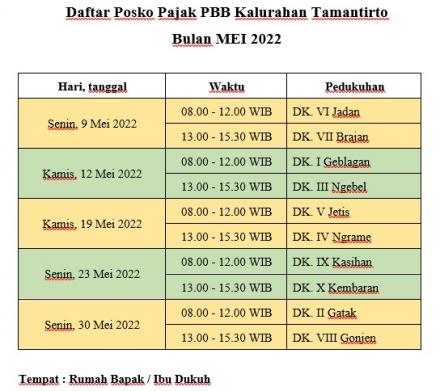 Jadwal Mobil Keliling Pajak PBB Kalurahan Tamantirto Bulan Mei 2022